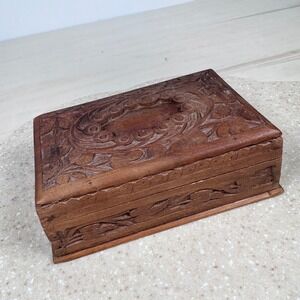 Vintage Carved Wood Box Secret Slide Lock Hidden Compartment Floral 6x4x2